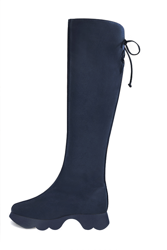 Navy blue women's knee-high boots, with laces at the back. Round toe. Low rubber soles. Made to measure. Profile view - Florence KOOIJMAN